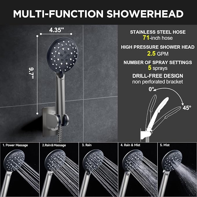 Veken 11.8" Rain Shower Head with Handheld, High Pressure Handheld Shower with Multi Spray Modes, Rainfall Combo with 15" Metal Extension Arm, Detachable Dual Shower, Bathroom Decor, Gunmetal Gray