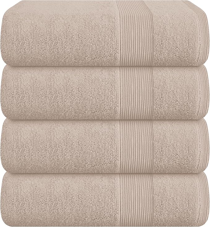 Belizzi Home 4 Pack Bath Towel Set 27x54, 100% Ring Spun Cotton, Ultra Soft Highly Absorbent Machine Washable Hotel Spa Quality Bath Towels for Bathroom, 4 Bath Towels - Tan