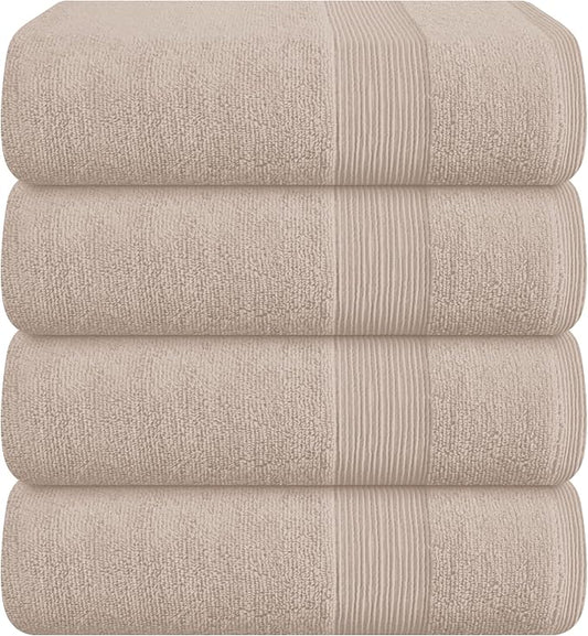 Belizzi Home 4 Pack Bath Towel Set 27x54, 100% Ring Spun Cotton, Ultra Soft Highly Absorbent Machine Washable Hotel Spa Quality Bath Towels for Bathroom, 4 Bath Towels - Tan
