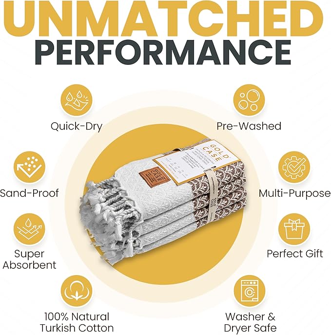 Gold CASE Turkish Hand Towels for Bathroom Set of 4 – 100% Cotton Bathroom Towels – Helen Kitchen Small Towel for Spa, Face, Tea & Dishcloth – Decorative Patterned Weave – Brown