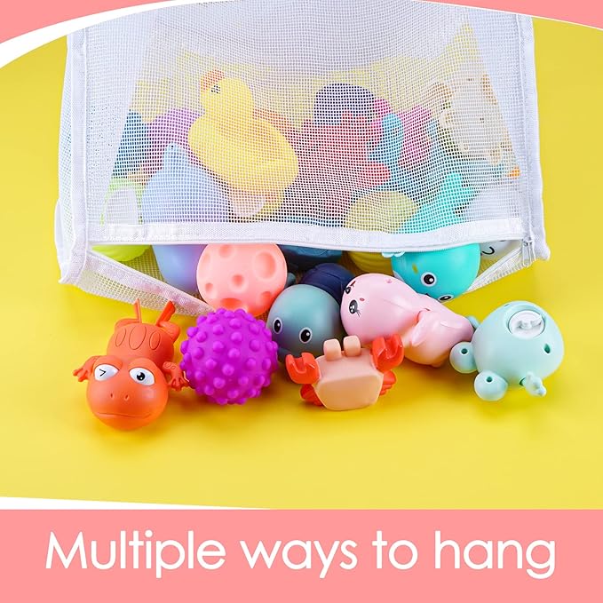 2 Pack Mesh Bath Toys Organizer, Kids Bathroom Toy Storage Holder with Hooks, Bottom Zipper Toy Bag for Bathtub (White)