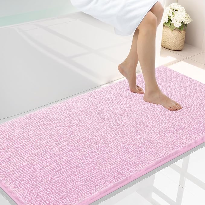 Smiry Luxury Chenille Bathroom Rugs 47x24, Extra Soft and Absorbent Shaggy Bath Mat, Machine Washable, Non-Slip Plush Carpet Runner for Tub, Shower, and Floor, Home Decor Accessories, Pink
