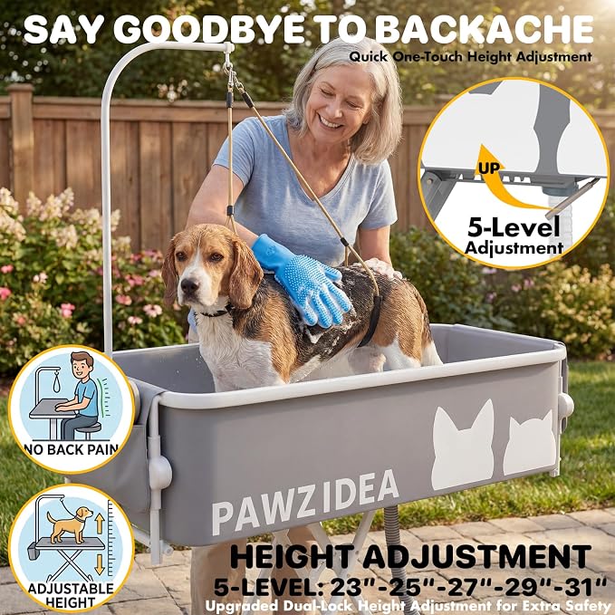 PAWZIDEA 2-in-1 Portable Dog Bathtub & Grooming Table for Medium to Large Dogs up 150lb, 43" Foldable Dog Washing Station, 5-Height Adjustable Elevated Pet Shower Bath, 1.8" Fast Drain, Indoor Outdoor