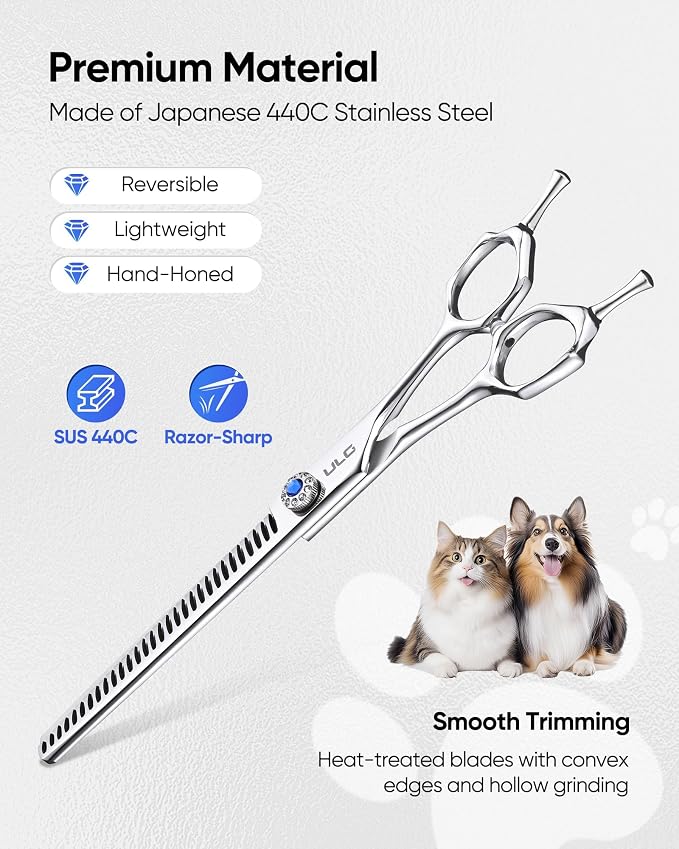 ULG Curved Dog Shears for Grooming, 7 Inch Professional Straight Chunker Dog Grooming Scissors for Trimming and Cutting, Japanese Stainless Steel Pet Hair Scissors, 65%-75% Thinning Rate