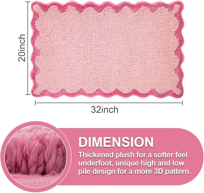 ORTIGIA Cute Pink Scalloped Bath Mat, Fun Plush Microfiber Scallop Bathroom Rugs Non Slip Washable Quick Dry Absorbent, Bathmat Bath Rug Carpet for Shower Stall Vanities Kitchen Floor Entrance, 20x32