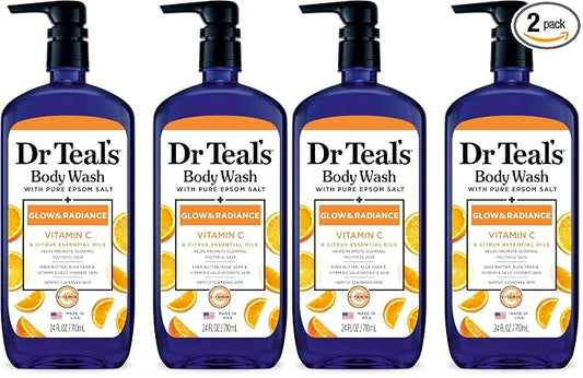 Dr Teal's Body Wash with Pure Epsom Salt, Glow & Radiance with Vitamin C & Citrus Essential Oils, 24oz (Pack of 4)
