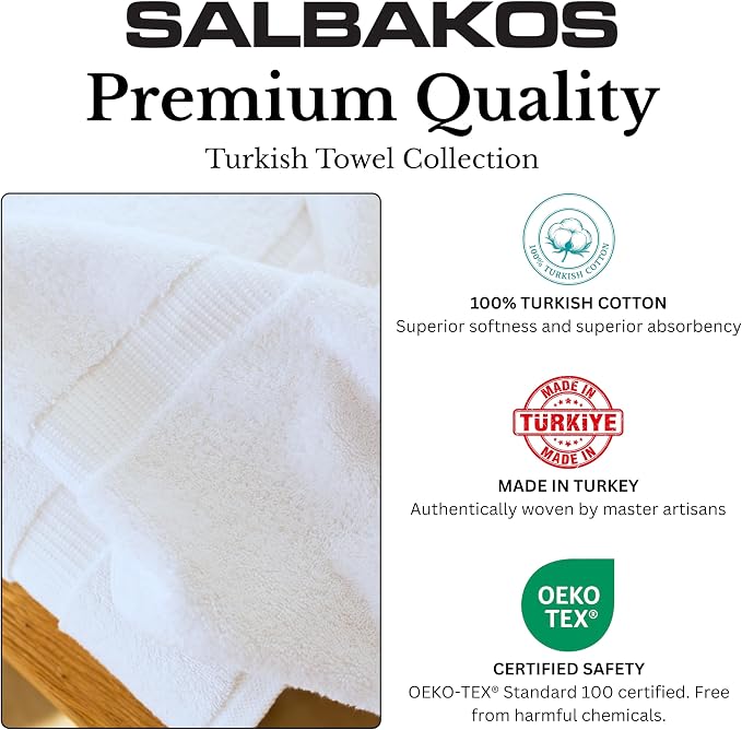 SALBAKOS 100% Turkish Cotton Bathroom Towel Set of 6 White | Premium Quality Turkish Towel Set for Gift | Hotel Collection Bath+Hand+Washcloth Towel Sets | Made in Turkey (White, 6 Piece Towel Set)