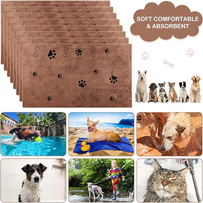 Chumia 8 Pcs Microfiber Dog Towels for Drying Dogs Cats 40 x 24 Inch Pet Towels Bulk for Large Puppy Absorbent Fast Drying Paw Bath Bathing Supplies for Pets(Dog Paw and Bone,Coffee)