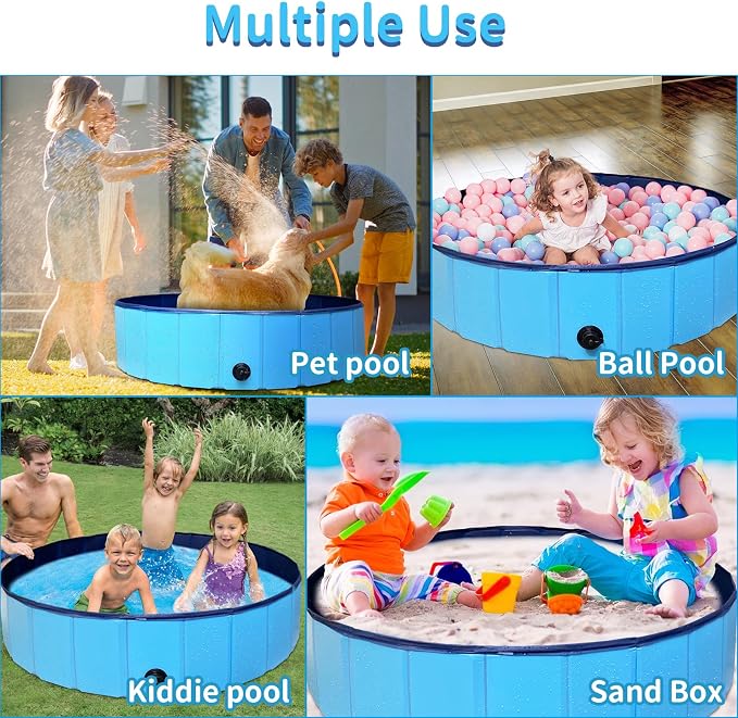 63" Foldable Dog Pool,63 x 12Inches Hard Plastic Collapsible Pet Bath Tub & Wading Pool or Dogs and Cats for Indoor/Outdoor Use Swimming Pool, Blue