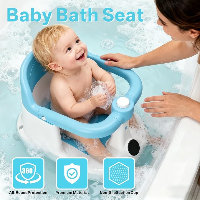 Baby Bath Seat for Infant 6 Months & Up - Adjustable Toddler Bathtub Chair with Secure Wrap Design & Temperature Sensor, Non-Slip Base for Infant Bath Safety (Blue)