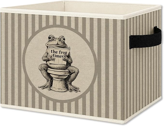 Funny Frog Bathroom Foldable Storage Bins Box with Handles, Whimsical Frog Reading Newspaper Collapsible Organizer Basket for Kids Boy Nursery Bathroom Washroom Clothes