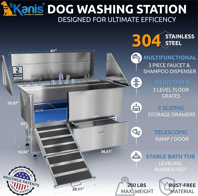 KANIS Professional Dog Washing Station 304 Stainless Steel Pet Wash Sink & Grooming Bathtub w/Shower, Floor Grates and Storage for Large, Medium & Small Pets (Silver, 61 Inches, Left Ramp, 2 Drawers)