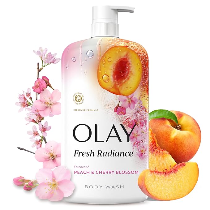 Olay Body Wash for Women, Fresh Radiance, 24/7 Skin-Loving Freshness, Visibly Radiant, Plant Based Cleansers, Vitamin B3 & Antioxidant Blend, For All Skin Types, Peach & Cherry Blossom Scent, 29 fl oz