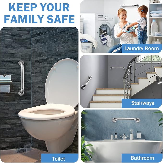Therwen 6 Pack 18 Inch Shower Grab Bars Stainless Steel Bathroom Handicap Heavy Duty Handle Anti Slip Bathtub Handle Support Balance Hand Rail for Bathroom Wall Elderly Pregnant Seniors (Silver)
