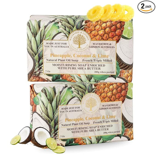 Wavertree & London Pineapple, Coconut & Lime Scented Natural Soap (2 Bars), 7oz Moisturizing French Triple Milled Soap Bars enriched with shea butter - Pure Plant Oil Bath & Body Soap Bars