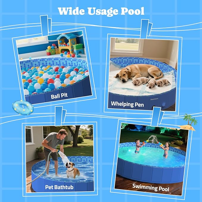 Foldable Dog Pool with RGB LED Light, 87" Collapsible Hard Plastic Kiddie Swimming Pool with Remote for Small Medium Large Doggie Kitty Puppy, Pet Bathing Tub Wading Pool for Dogs Blue