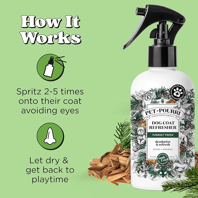 Poo-Pourri Furrest Fresh Dog Deodorizing Spray, 8 Fl Oz Grooming Perfume for Dog Coat, Pet Odor Neutralizer with Essential Oils, Vet Recommended, Paraben & Sulfate-Free Fir, Amber, & Cedarwood Scent