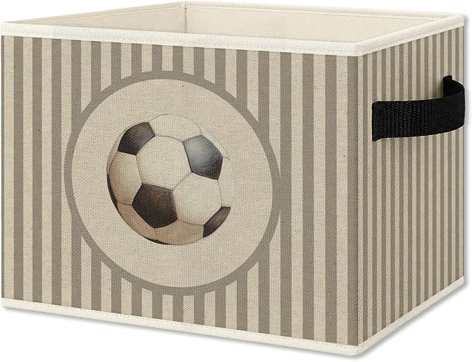Football Boy Storage Bins Box with Handles, Sports Kids Decor for Boys, Neutral Striped Football Ball Collapsible Organizer Basket for Nursery Room Bedroom Playroom Toys Books