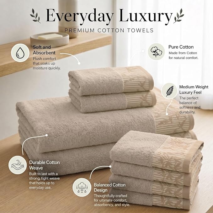 Superior Floral Jaquard Cotton Bath Towels 4pc Body Towel Set, Frappe Brown | Soft Absorbent Quick Dry Terry Weave, Machine Washable Breathable Premium Hotel Quality, Wisteria Towels, Large 4 Bath Towel