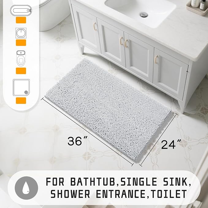Yimobra Washable Bathroom Rugs, Super Soft & Absorbent Chenille Bath Mat for Floor & Carpet, Quick Dry Non Slip Bath Mat for Tub Shower, 32"x20",Silver