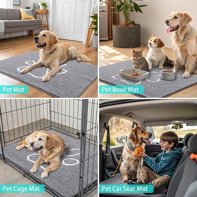 Smiry Dog Door Mat for Muddy Paws, Absorbent Dirt Trapper Non Slip Quick Dry Washable Chenille Mat for Mud Dogs, Entry Rug for Indoor and Outdoor (30x20 Inches, Grey and White)
