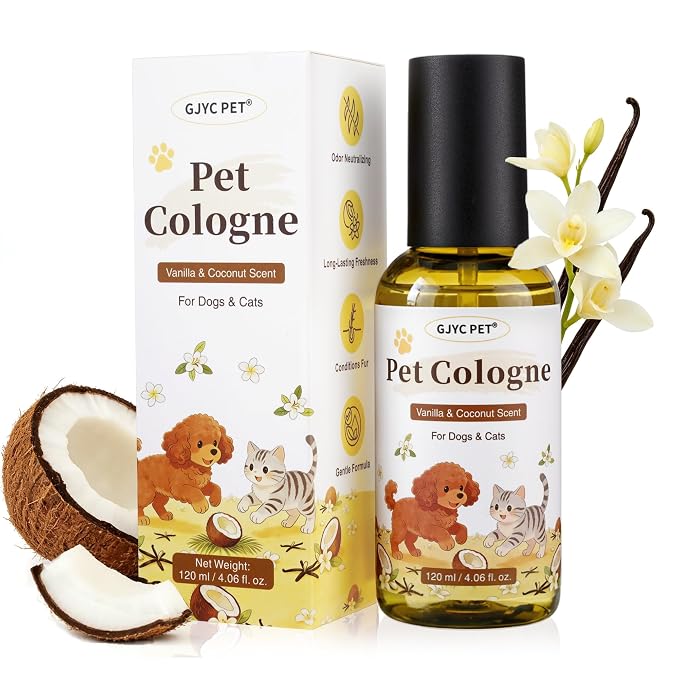 Dog Perfume & Cologne Spray – Long-Lasting Vanilla Coconut Scent, Alcohol-Free Deodorizing Spray, Gentle Grooming Mist, Fur Condition & Coat Fresh, Non-sticky, Dogs & Cats, 4.06 fl.oz