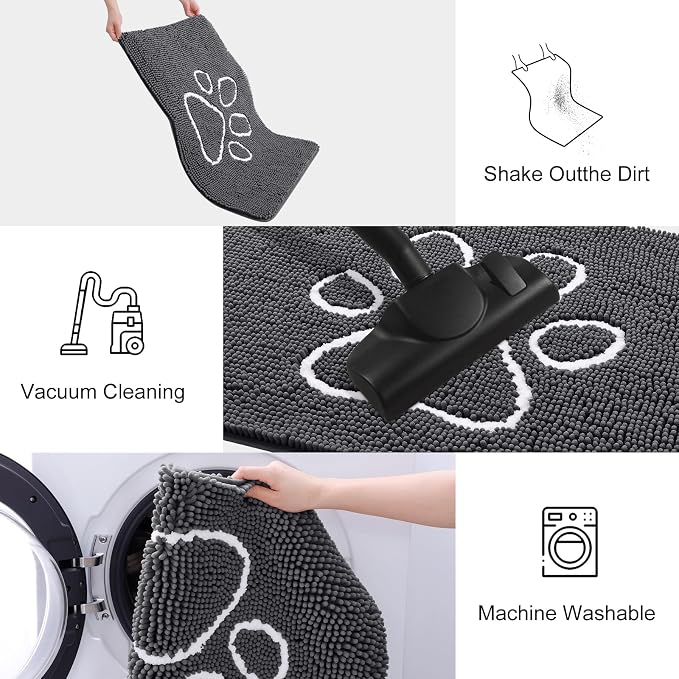 Smiry Dog Door Mat for Muddy Paws, Absorbent Dirt Trapper Non Slip Quick Dry Washable Chenille Mat for Mud Dogs, Entry Rug for Indoor and Outdoor (34x21 Inches, Dark Grey and White)