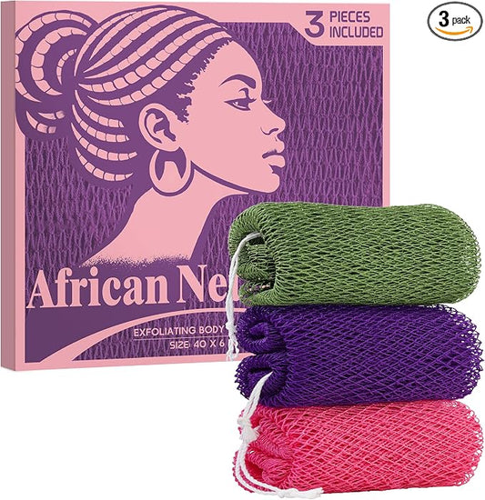 African Net Sponge Authentic - African Exfoliating Net Sponge 3 Pieces - Body Scrubber Exfoliator Wash Cloth - Back Scrubber for Shower - Bath Sponges Shower Loofah Essentials for Women