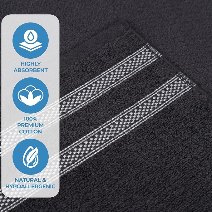 Superior Cotton 6-Piece Towel Set, Zero Twist, Ribbed Geometric, Bathroom Essentials, Shower, Spa, Luxury Plush Soft Absorbent Towels, Includes 2 Bath, 2 Hand, 2 Washcloth/Face Towels, Black