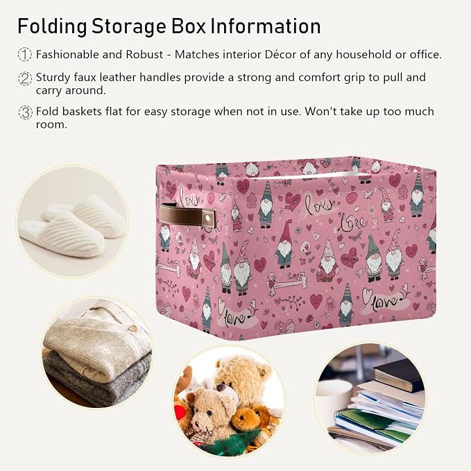 Happy Valentines Day Pink Storage Basket with Waterproof Liner and PU Handles Love Gnome Flowers Gift Storage Bins Boxes 14.2" Collapsible Decorative Organizer Baskets for Bedroom Closet Office 1 Pack