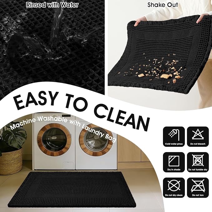 Upgraded Waffle Bath Mat, 36"x24" Black-Looped, Super Absorbent Non-Slip Quick Dry Bathroom Rugs with Tassels, Machine Washable Ultra Soft Boho Bath Rugs for Floor, Toilet Mats Boho Farmhouse Decor