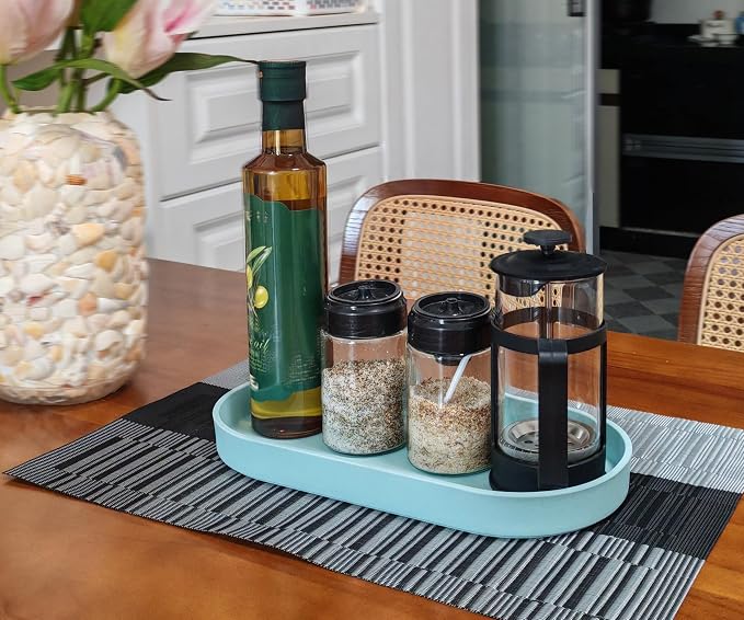 Blue Small Tray (11.8 inch), Oval Tray, Countertop Organizer | for Kitchen Counter, Bathtub Bathroom Vanity Items, Coffee Accessory, Bar, Serving Seasoning, Salt and Pepper, Soap, Perfume.