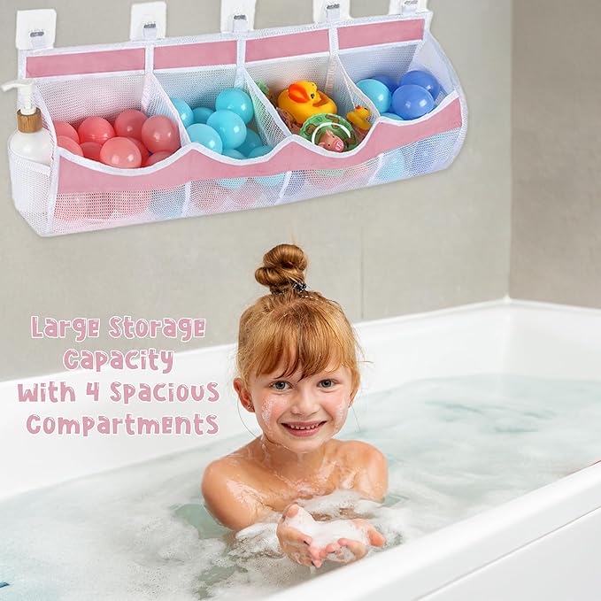 Large Bath Toy Storage, 4 Compartment Quick Drying Mesh Bath Toy Organizer with 5 Hooks, Easy Access and Sorting Large Capacity Corner Bathroom Storage, Multi Use Holder (Pink)