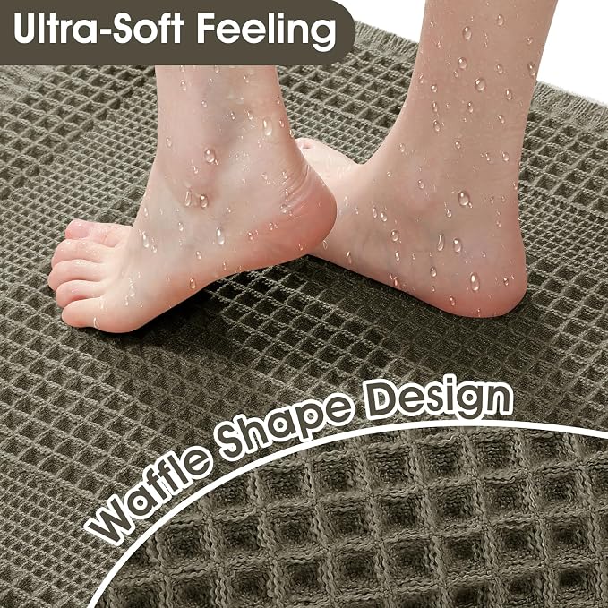 Upgraded Waffle Bath Mat Set 3 Piece Greyish Green-Looped, Super Absorbent Non-Slip Quick Dry Bathroom Rugs with Tassels, Machine Washable Ultra Soft Boho Bath Rugs, Toilet Mats Boho Farmhouse Decor