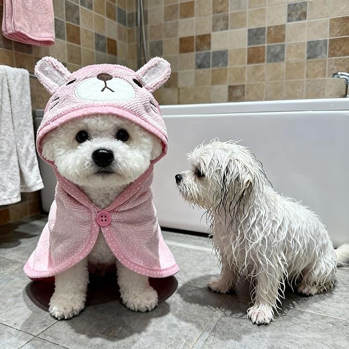 Dog Hooded Bathrobe Towel Fast Drying Absorbent Bath Warm Blanket | Pink M
