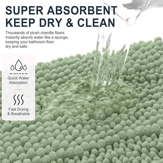 Smiry Thick Chenille Large Bathroom Rugs 50x30, Extra Soft Absorbent Striped Bath Mat, Machine Washable, Rubber Backing, Bath Rugs for Bathroom, Tub & Shower, Home Decor Accessories, Sage Green