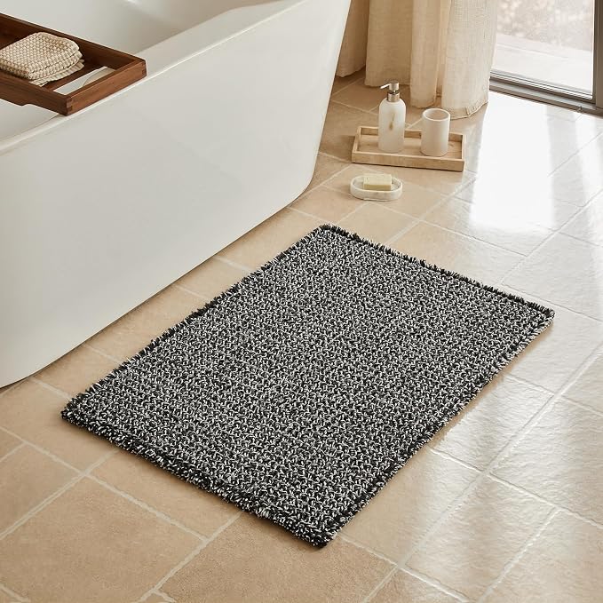 Triohero Waffle Bath Mat, Boho Bathroom Rugs Non Slip Washable, Ultra Soft Super Absorbent Quick Dry Farmhouse Bathroom Decor, 24" x 36", Black & White