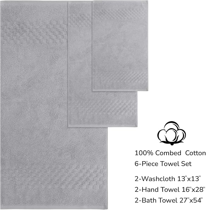Feather & Stitch 100% Cotton 625 GSM Bath Towel Set of 6, Ultra Soft Highly Absorbent 2 Bath Towels, 2 Hand Towels & 2 Washcloth - Luxury Quick Dry Shower Towels (Grey)