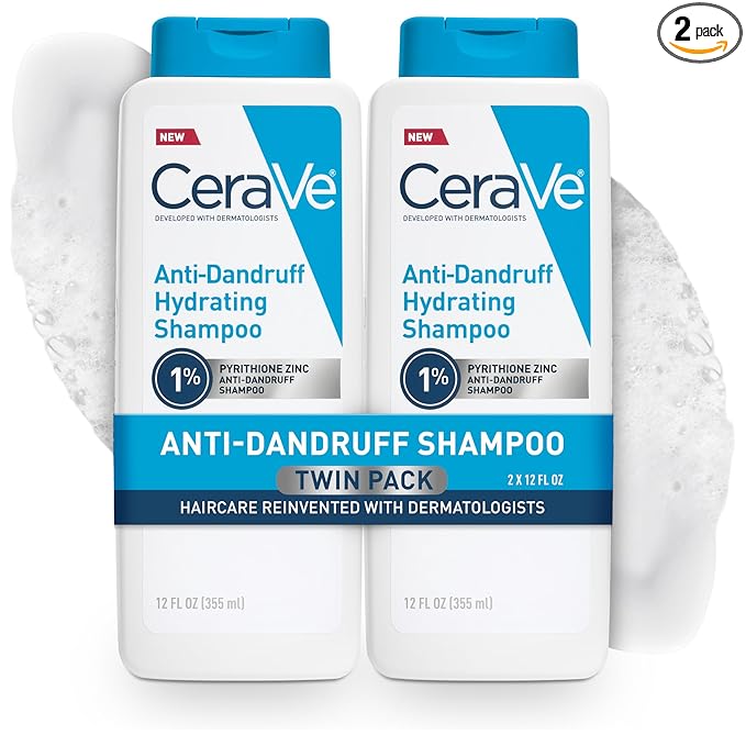 CeraVe Hydrating Anti Dandruff Shampoo, 1% Pyrithione Zinc Dandruff Treatment With Ceramides, Niacinamide, Hyaluronic Acid, Eliminate Flake,Provides Itchy Scalp Relief, Sulfate-Free, 12 Oz (Pack of 2)