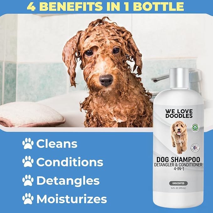 Dog Shampoo, Conditioner & Detangler - Best Shampoo for Goldendoodles, Poodles & Doodles Pet Hair - Hypoallergenic, Tearless, Sensitive Skin for Puppies & All Dog Breeds - Made in USA,16OZ (Unscented)