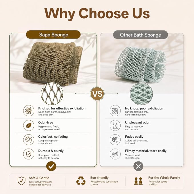 African Net Sponge for Shower, 2PCS Exfoliating Shower Sponge with Waterproof Travel Bag, Quick-Drying African Wash Cloth for Deep Cleansing & Smooth Skin (Linen & Light Brown)