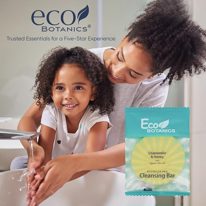 Eco Botanics Travel Size Cleansing Soap Bar 100 Count 0.5 oz Guest Amenities for Hotels Vacation & Short Term Paraben Free Chamomile Scent with Aloe & Olive Oil