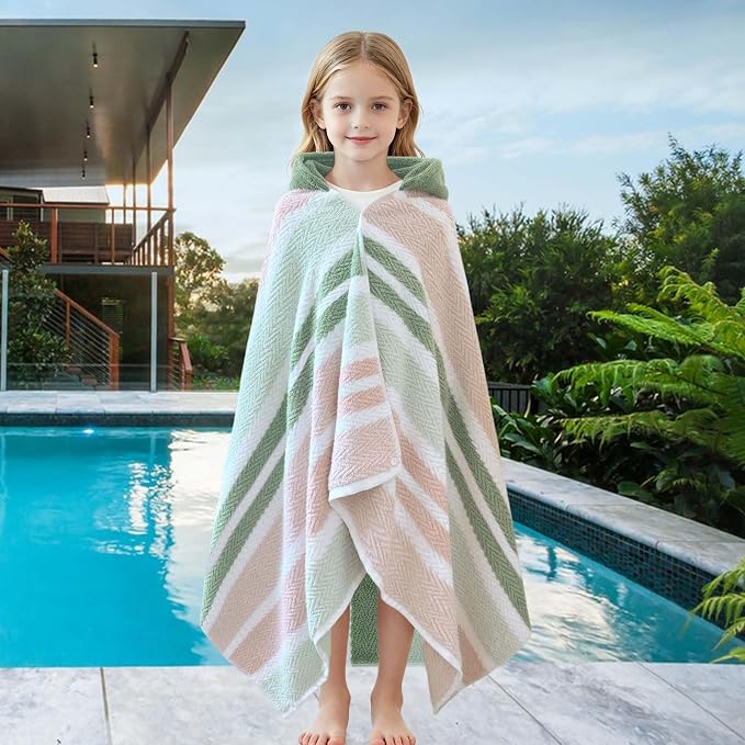 VOOVA & MOVAS Kids Hooded Towel Wrap(Ages 6-10) – 100% Cotton, Soft & Absorbent, Fast-Drying, Versatile Beach, Pool, Swim & Bath Cover-Up, Green Blush Stripe