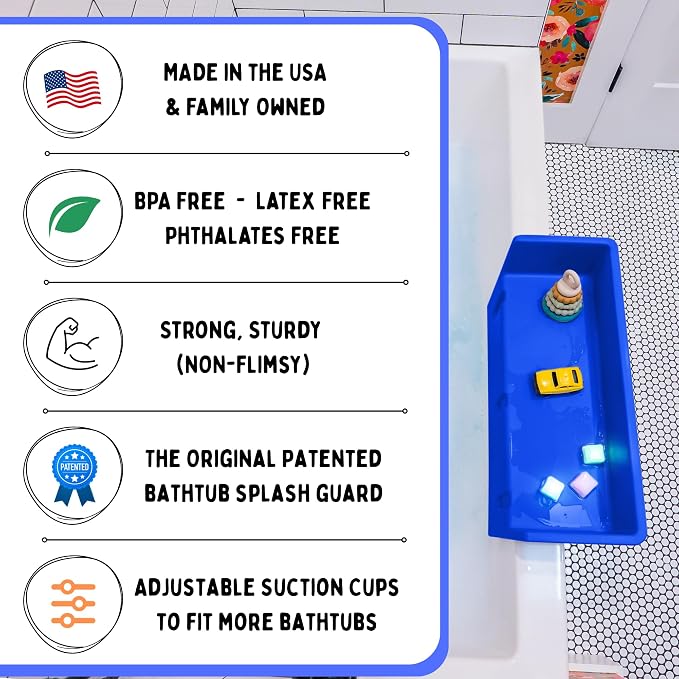 Tub Topper Mini Bathtub Splash Guard & Bath Shelf for Kids - Toy Tray, Blue | Toddler Storage Ledge, Patented Lip Design, Non-Silicone, BPA-Free, Easy to Remove & Clean, Made in USA