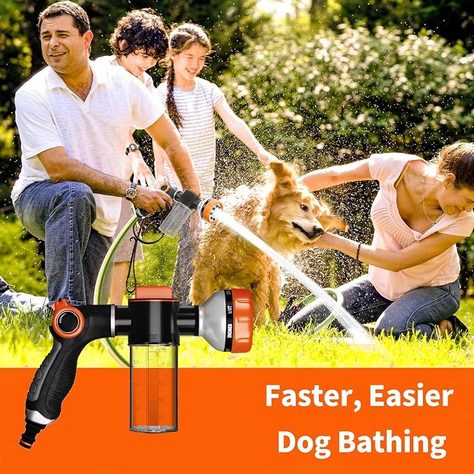 Dog Washing Hose Attachment with Car Wash Mitt, 8-Pattern Dog Bath Sprayer, Easy-Control Hose Nozzle with Soap Dispenser for Garden, Pet Shower and Car Wash