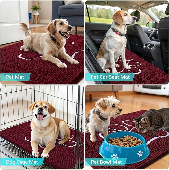 OLANLY Dog Door Mat for Muddy Paws 70x32, Paw Print Design, Absorbs Moisture and Dirt, Absorbent Non-Slip Washable Doormat, Quick Dry Chenille Mud Mat for Dogs, Entry Indoor Entryway Carpet, Burgundy