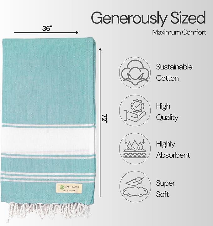 Salt Earth Cotton Turkish Beach Towel (Set of 4, 36"x72") - Soft, Quick Dry, Sand Resistant, Absorbent Towels for Bathroom, Home, Travel, Pool, Spa, Bath, Swim - Beach Towels Oversized (Hunter Green)