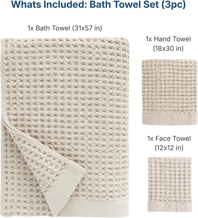 ONSEN Supima® Waffle Bath Towel Set, Quick Dry Lint Free 100% USA Cotton, Bath Hand and Face Towel Bundle, 3 Piece (Oatmeal, Bath Towel Set)