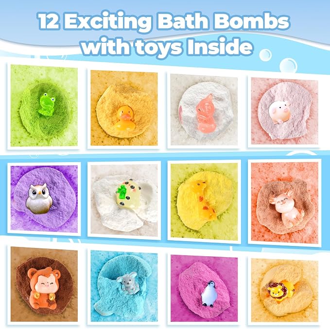 Bath Bombs for Kids with Surprise Toys Inside, 12 Pcs Bubble Bath Fizzy Balls with 12 Animal Shapes, Natural Bath Bombs Valentine's Day Easter Children's Day Gift Set for Kids Girls Boys Toddlers