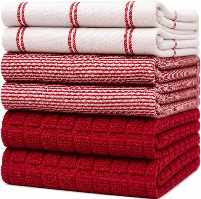 Premium Kitchen Towels (20”x 28”, 6 Pack) | Large Cotton Dish Towels | Flat & Terry Highly Absorbent Kitchen Linen Set with Hanging Loop | Red Check